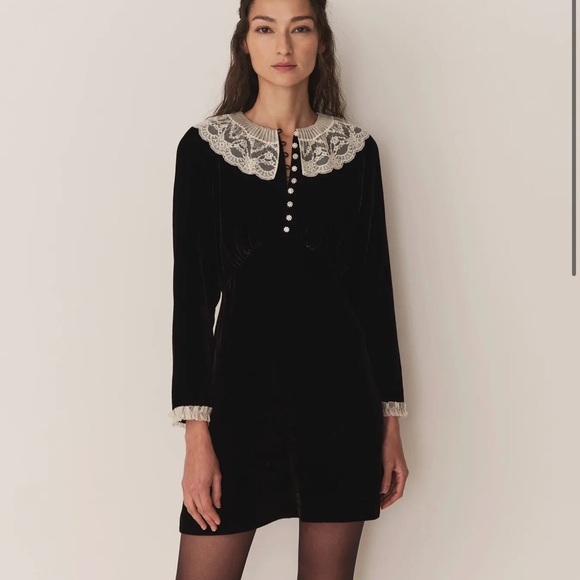 Doen Lisbeth Black Velvet Dress with Lace Collar